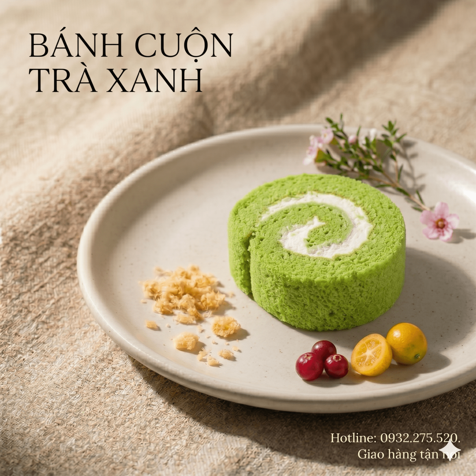 Bánh cuộn trà xanh (Matcha) mềm mịn trang trí hoa tươi và chà bông cho tiệc trà sự kiện.