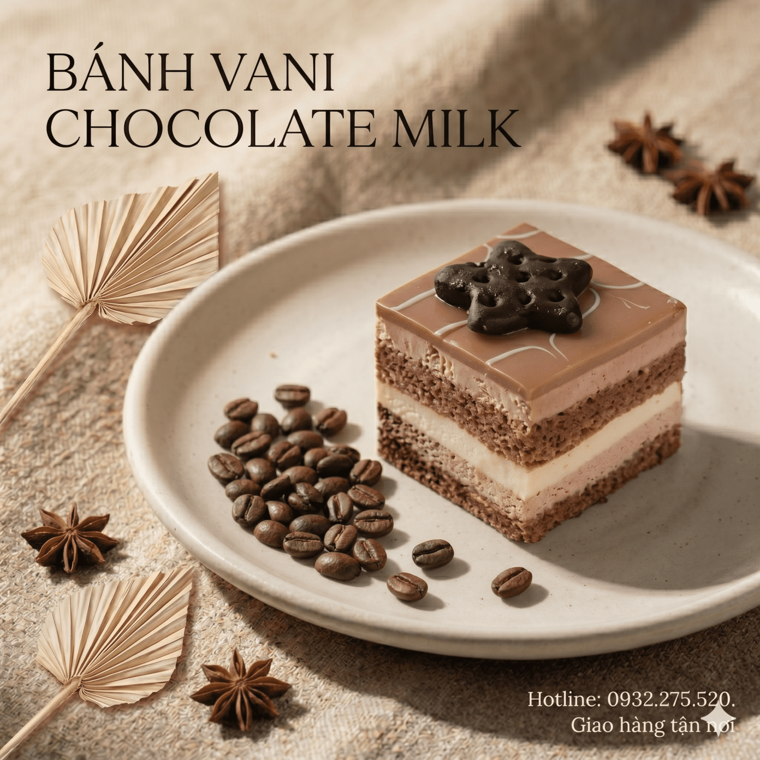 Bánh vani chocolate milk nhiều lớp mềm mịn, kết hợp vị socola và sữa béo nhẹ, thích hợp cho tiệc sinh nhật và quà tặng.