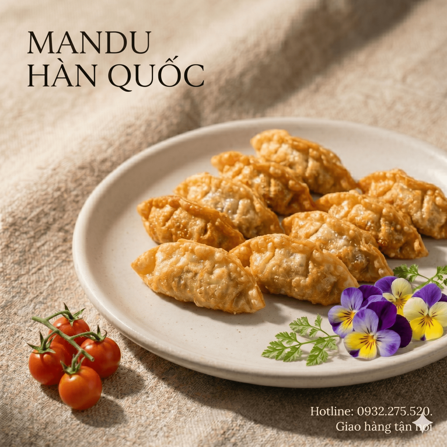 Mandu Hàn Quốc chiên giòn, nhân thịt và rau củ đậm đà, lớp vỏ giòn tan, phù hợp ăn vặt và tiệc nhẹ.
